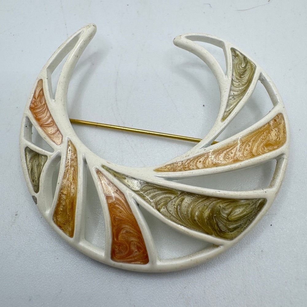 Vintage White Enamel Crescent Moon Brooch Marbled Earth Tones Mid Century Modern